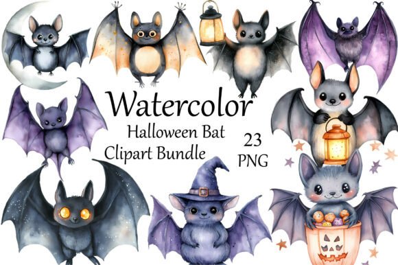 Watercolor Halloween Bat Clipart Bundle: Elevate Your Seasonal Designs with Cute Kawaii Graphics