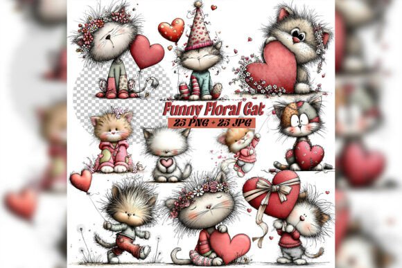 Whimsical Floral Cat Birthday Clipart