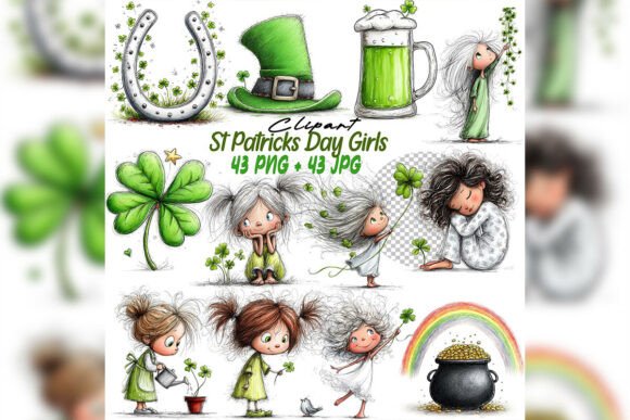 Whimsical St Patrick Girls Clipart Set: Elevate Your Irish-Themed Designs